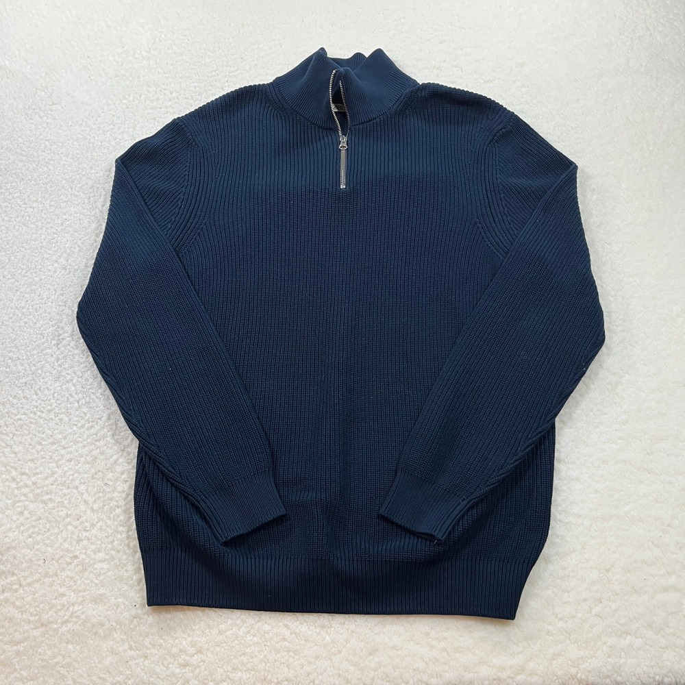 Zara Sweater Mens XL Navy Blue Quarter Zip Ribbed Knit Mock Neck Pullover 7135
